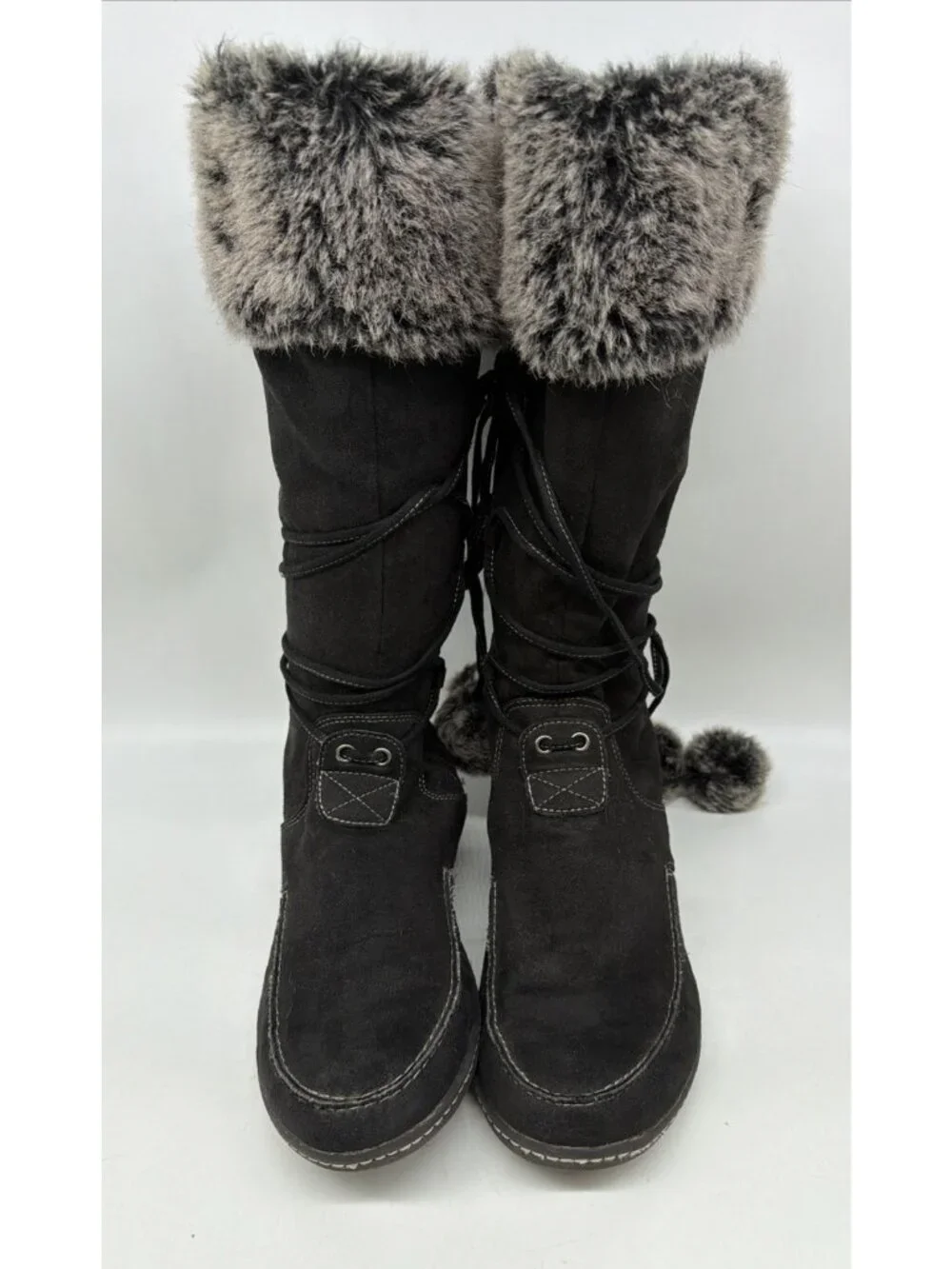 American Eagle Black Mallory Boots Gray Faux Fur Trim Pom-Pom Accents Womens 12